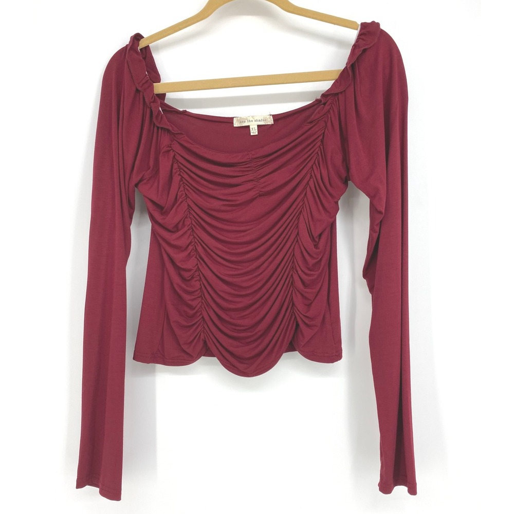 See the‎ Shades Red Ruched Long Sleeve Top XL Square Neck Blouse